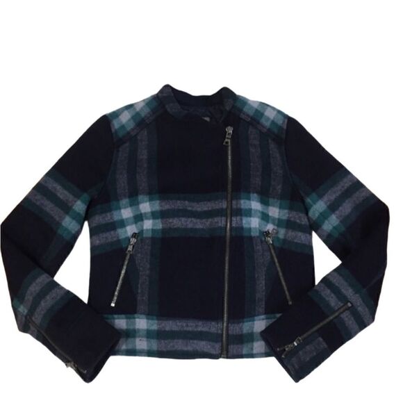 GAP- Plaid Moto Cropped Jacket Green Blue Wool Blend Quilted Lined, Size XS - Picture 8 of 15